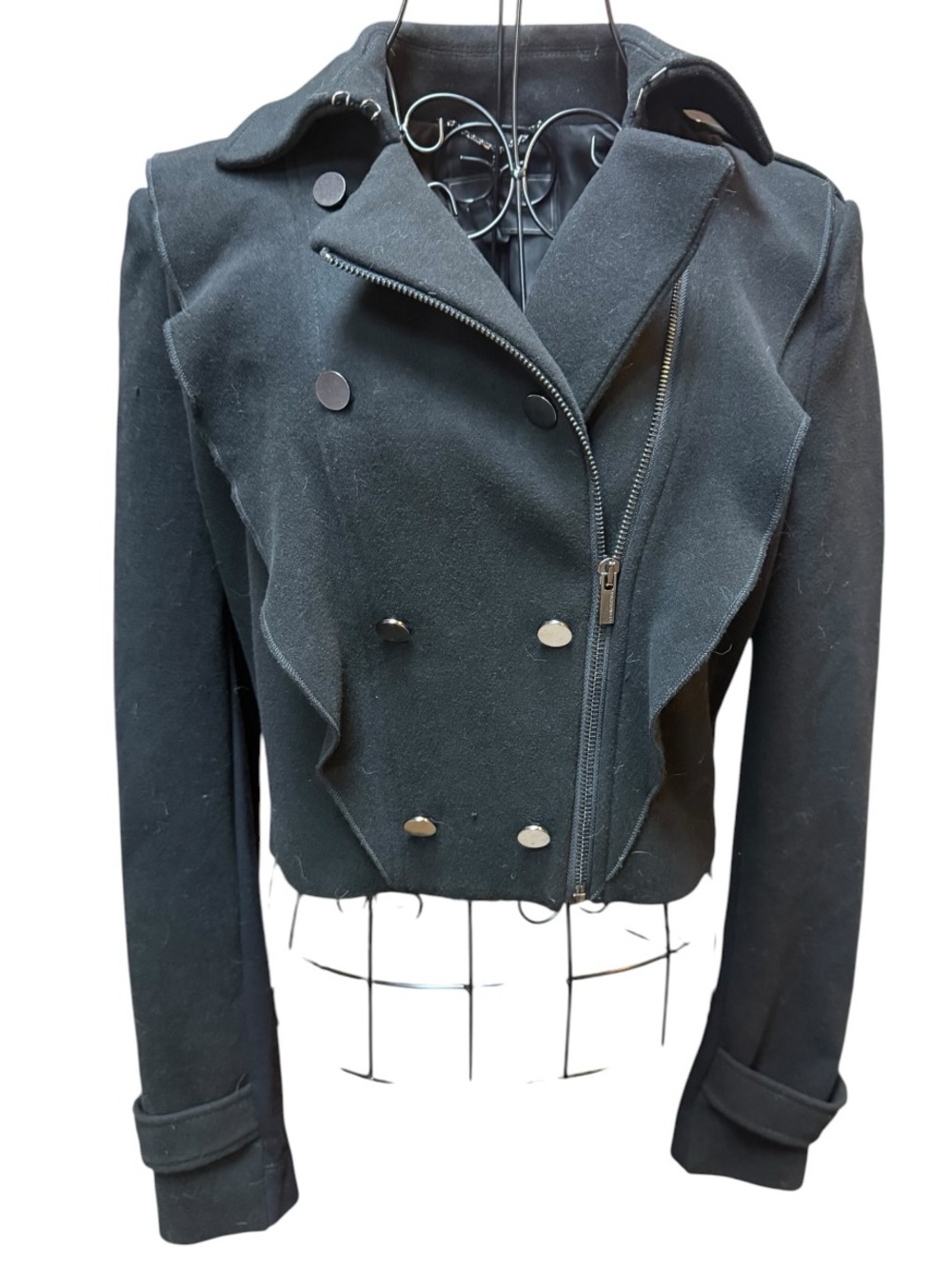 BCBGMaxAzria Black Cropped Double-Breasted Ruffle Thick Pea Coat
